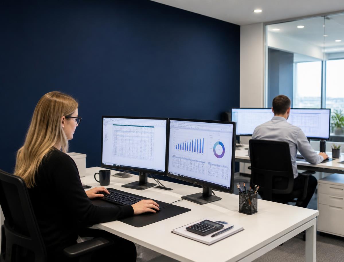Equipo de un despacho contable moderno trabajando con hojas de cálculo