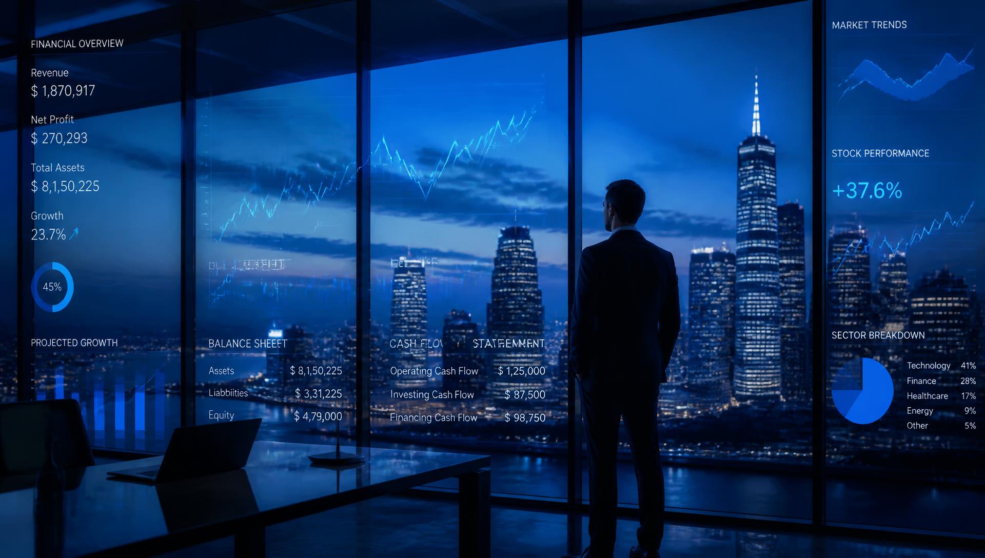 Ejecutivo analizando indicadores financieros frente al skyline de una ciudad