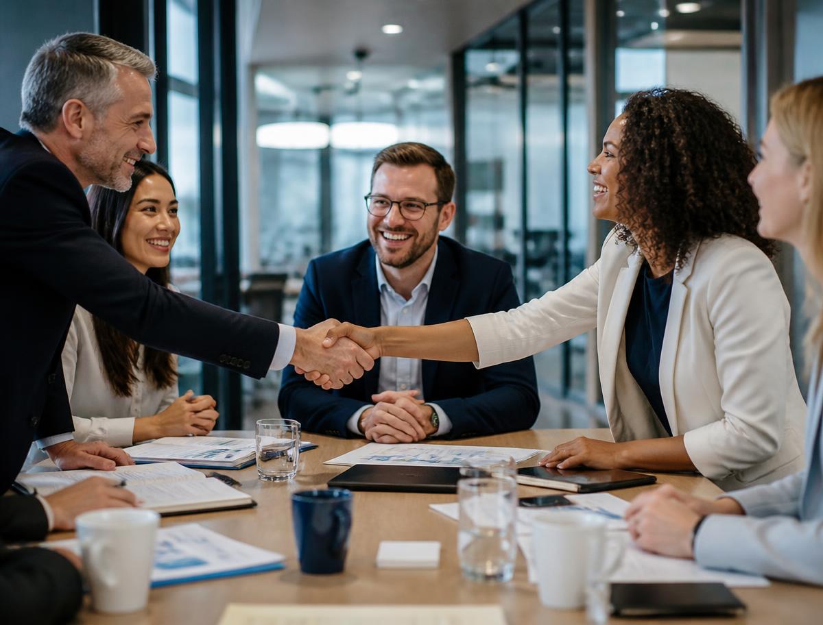 Equipos de dos firmas colaborando en una mesa de trabajo